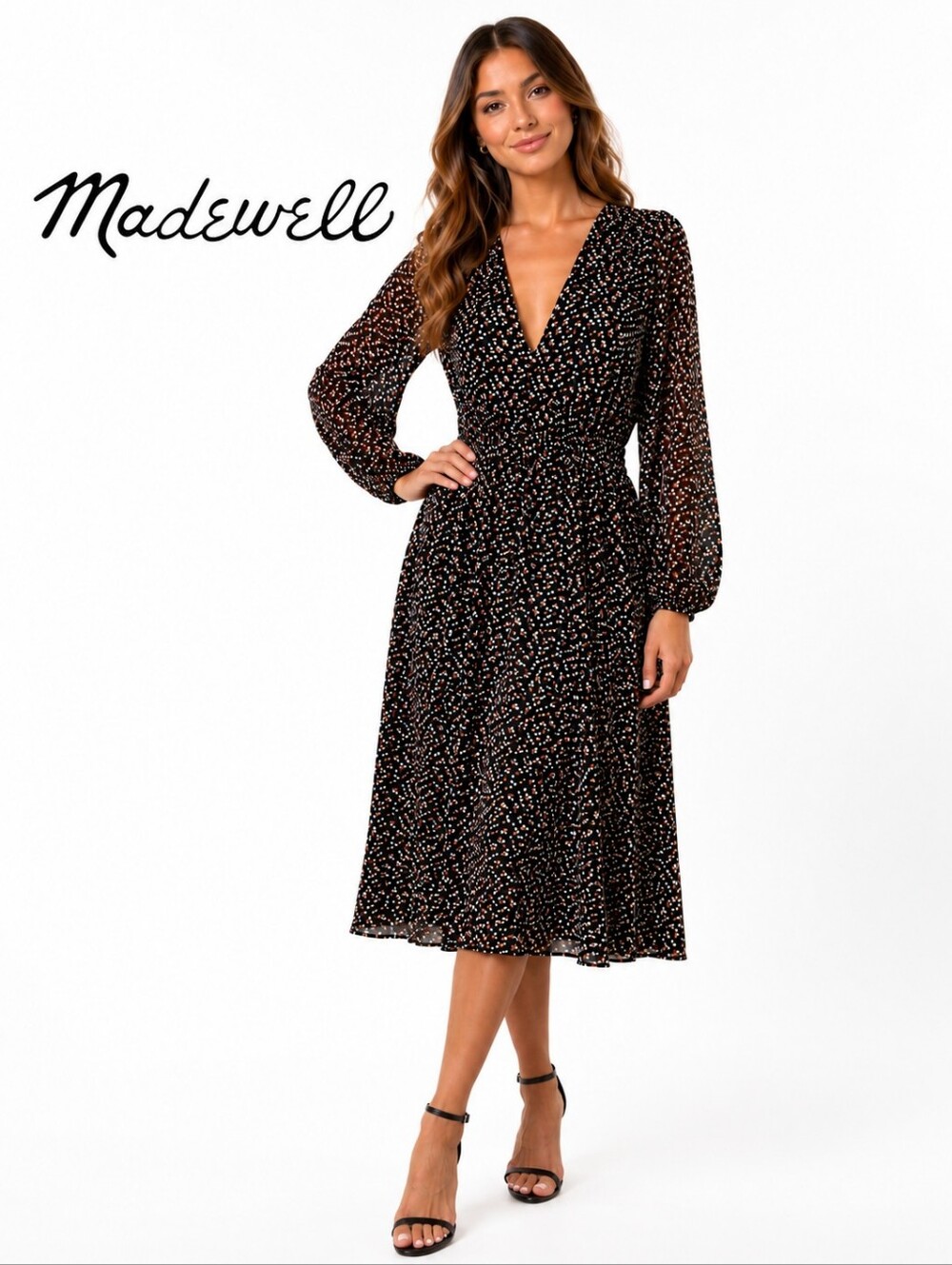 NWT Madewell Black Floral Print Button Front V-Neck Cinched Waist Midi Dress 2X